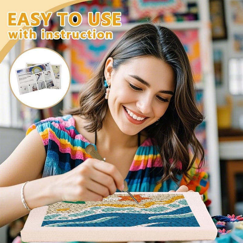 DOODLREAM Beach DIY Punch Needle Embroidery Kit for Adult Beginner, 9.4" Summer Sea Wave Punch Stitching Craft Set for Starter with Frame, Fabric Pattern, Threader, Yarn, Pinch Needle - Image 3